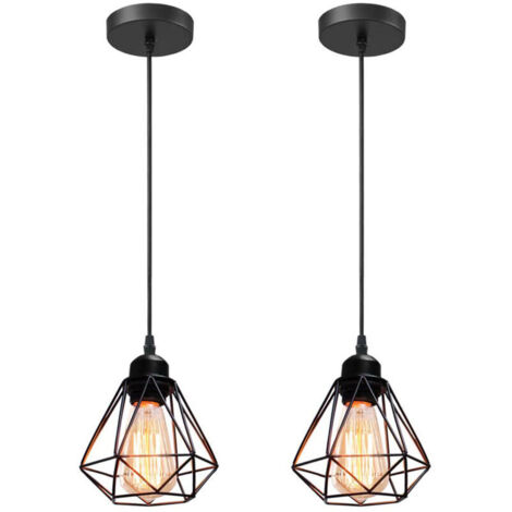 Lot de 2 Suspension Luminaire Industrielle Métal Lustre Plafonnier Style Cage Ø16cm Géométrique E27 Mini Lampe Suspension Vintage pour Cuisine Chambre Couloir, Noir