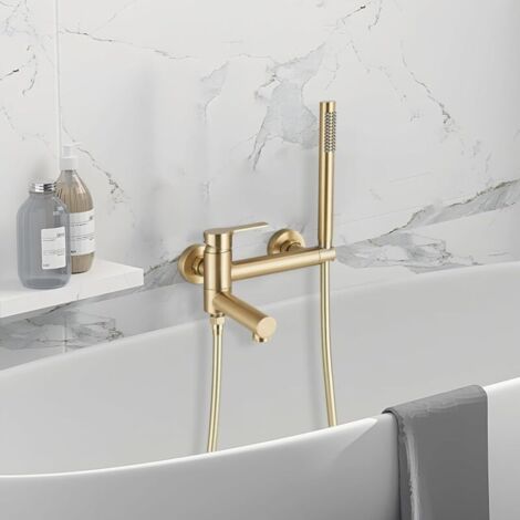 Mitigeur Baignoire Mural Doré Brossé Robinet 2 Fonctions Monocommande de Douche avec Douchette Baignoire bec Rotatif à 90° Acier Inoxydable