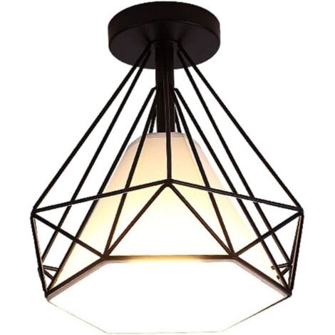 Retro Plafonnier Industrielle Cage en forme Diamant en Métal Fer Lustre Suspension Luminaire pour Salon Salle Chambre Décorer Maison Cuisine Noir (1/4)