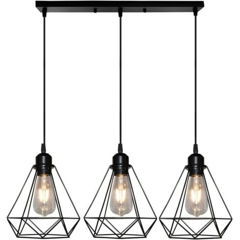 Suspension Cage forme Diamant Contemporain Lampe Plafonnier Corde Ajustable Luminaire Lustre pour Cuisine Couloir Noir (1/4)