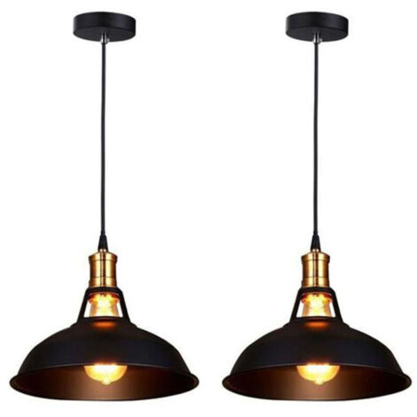 Lot de 2 Lustre Suspension Industrielle Vintage E27 Lampe Plafonniers Retro Abat-jour pour Cuisine Salle à manger Salon Chambre Restaurant, Noir (1/4)