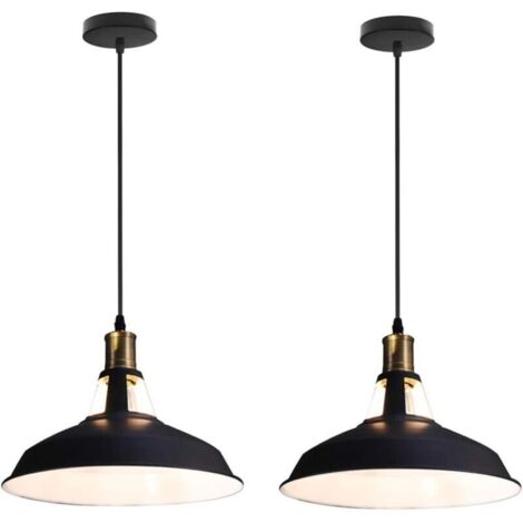 Lot de 2 Lustre Suspension Industrielle Vintage E27 LED Lampe Plafonniers Retro Abat-jour pour Cuisine Salle à manger Salon Chambre Restaurant, Noir avec blanc (1/4)