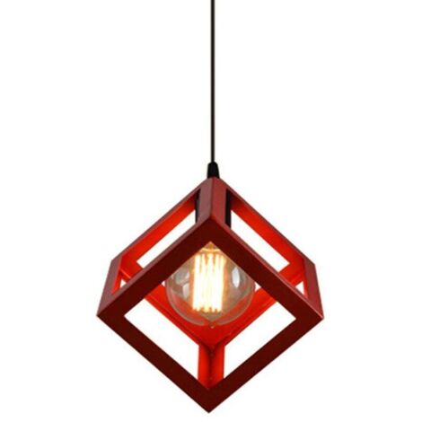 E27 Lustre Suspension Industrielle Plafonnier en Métal Fer Forme Cube Carré Abat-Jour Luminaire Corde Ajustable pour Salon Salle à Manger Bar, Rouge (1/4)