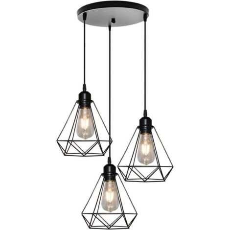 Lustre Suspension Cage en forme Diamant Lampe Plafonnier Corde Ajustable Luminaire pour Cuisine Couloir Bar Chambre Noir (1/4)