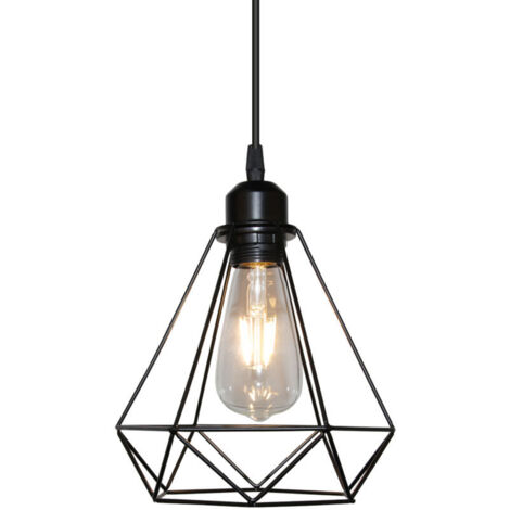 Vintage Suspension Lustre Abat-jour Cage forme Diamant Contemporain Luminaire Lampe Plafonnier Corde Ajustable - Noir (1/4)