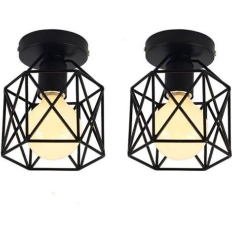 Lot de 2 Plafonnier Industrielle en Métal Cage Carré, Lustre Abat-jour Fer Luminaire E27 40W Noir pour Salon Chambre Bar