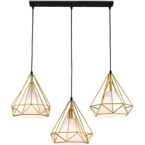 Suspension industrielle rétro luminaire lustre abat-jour filaire lampe cage forme diamant doré pour chambre salon cuisine bar - 3 lampe support barre