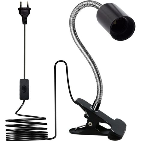 Douille Ampoule E27 à Pince,Lampe Pince,Douille Pince avec col de Cygne 350MM,Réglage 360 Degrés,Clip Base en Métal,220CM Cable Interrupteur,Spot E27pour Lit Lecture, Noir
