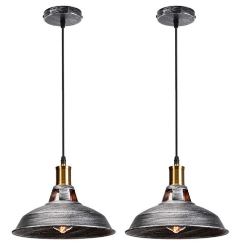 Lot de 2 Lustre Suspension Industrielle Vintage E27 LED Lampe Plafonniers Retro Abat-jour pour Cuisine Salle à manger Salon Chambre Restaurant, Argenté (1/4)