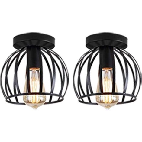 Lot de 2 Vintage Plafonnier Industrielle Design forme Cage 20cm Noir, Lampe de Plafond en Métal Fer Luminaire pour Salon Chambre Salle à manger (sans led ampoule)