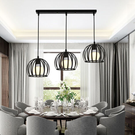 E27 Lustre Industriel Barre 3 lampes Suspension Cage Contemporain Noir pour Cuisine, Salle à manger, bar
