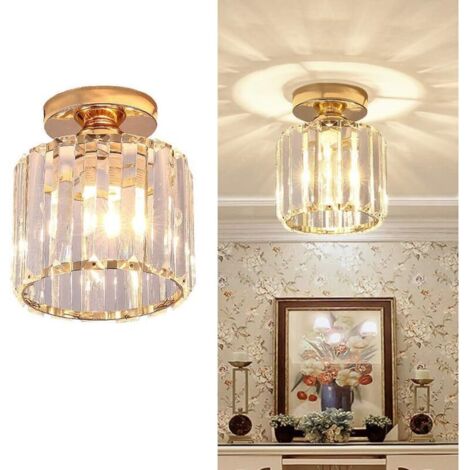 Plafonnier Moderne Lustre Abat-jour en Cristal et Métal LED Suspension Luminaire éclairage E27 Lampe de Plafond Cylindre pour Chambre salon Couloir cuisine salle de bains Salle à Manger, Doré