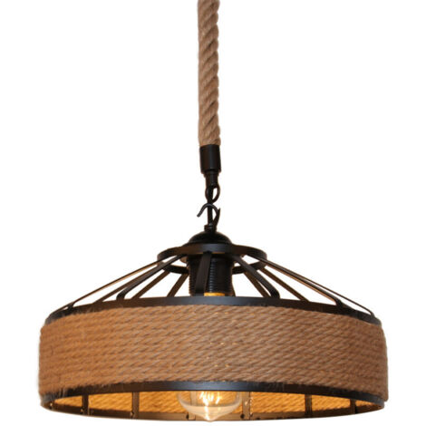 Retro Suspension Luminaire Industriel 30cm Noir , La lumière au plafond en fer Corde de chanvre Vintage Loft Lustre Plafonnier Décoration pour Salon, Cuisine, Restaurant, Bar