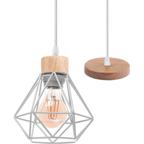 Lustre Suspension Industriel Vintage Interieur, Stoex Lampe de Plafond en Bois et Métal Douille E27 Cage Diamant Rétro pour Salon, Chambre, Cuisine,Restaurant, E27, Blanc