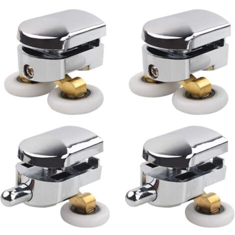 Rouleau de porte de douche, 4 roulettes doubles pour porte de douche Roulettes Coulissantes Porte Roue de Remplacement pour Cabine de Douche pour trou de verre de 14 mm (1/4)