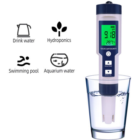 Testeur de qualité de l'eau 5 en 1 : analyseur numérique, détecteur de pH, TDS, CE, température et salinité, étanchéité IP67, écran rétroéclairé. (1/3)