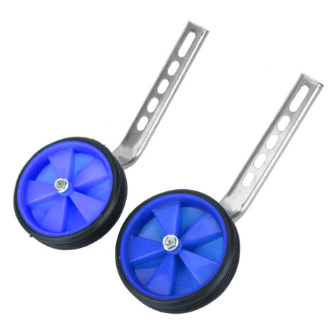 Roue auxiliaire bleue en plastique pour vélo enfant, compatible avec les vélos de 12 à 20 pouces.