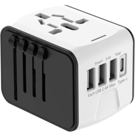 Adaptateur de voyage universel 1500W – 3 USB et 1 Type C – Prise EU, UK, US, AU, compatible 224 pays – Double fusible pour sécurité (1/5)
