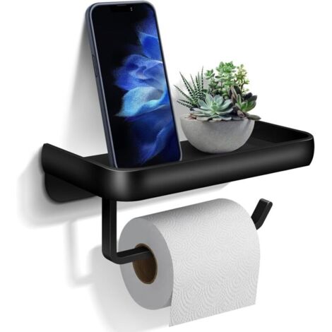 Porte-papier toilette, Support mural pour rouleau de papier toilette avec étagère de rangement en aluminium pour salle de bain et cuisine (noir) (1/5)