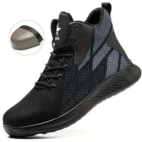 Chaussures de travail de sécurité à bout en acier pour hommes et femmes - Baskets industrielles montantes légères et respirantes anti-perforation,Black-38 (1/5)
