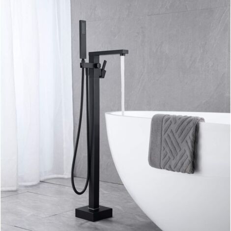 Robinet de baignoire mitigeur au sol noir avec douchette cascade – Cuivre et laiton – Débit 6 GPM – Montage facile béton (1/5)