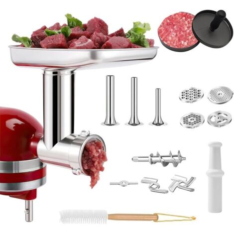Accessoire Hachoir à Viande pour Robot Ménager KitchenAid, Comprend Un Poussoir à Saucisse, Une Brosse de Nettoyage, Acier Inoxydable Un Ensemble Trancheur-râpe pour KitchenAid (1/5)