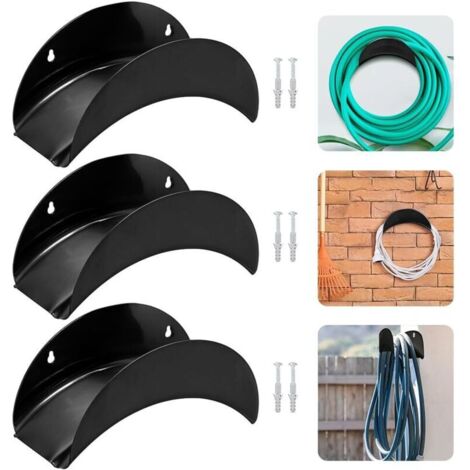 Lot de 3 supports muraux pour tuyau d'arrosage, 28 x 13 x 13 cm, crochet de suspension en métal, avec 6 vis et 6 boulons d'expansion, pour suspension de tuyau (noir) (1/5)
