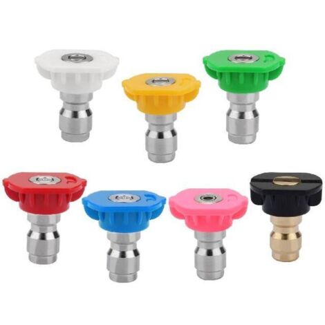 Lot de 7 buses pour nettoyeur haute pression, buses à connexion rapide 1/4", principalement utilisées pour le nettoyage automobile et le jardinage.