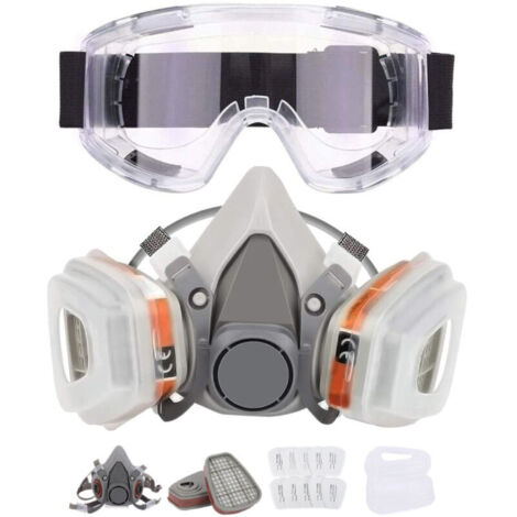 Demi-masque respiratoire, respirateur chimique réutilisable avec 10 cotons filtrants et lunettes de protection, bouchons d'oreilles et gants pour la peinture au pistolet, le gaz, la poussière, le poli (1/5)