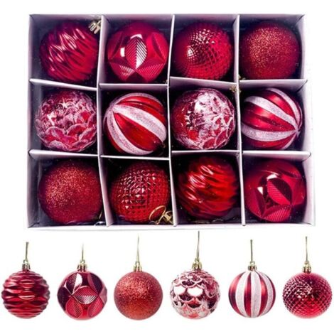 Lot de 12 boules de Noël élégantes Ø 6 cm Boules de Noël Décorations de Noël (Rouge), Décorations de fêtes 6CM Boules de forme spéciale, Décorations de sapin de Noël 12 boules à carreaux en boîte (1/5)