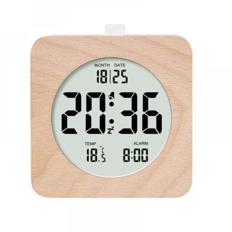 carré Réveil numérique en bois, réveil matinal, horloge numérique LCD avec affichage de la date, de la température, de la répétition, du rétroéclairage, horloge numérique alimentée par batterie (1/5)