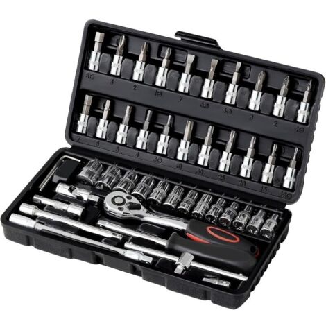 Jeu de 46 clés à cliquet Cr-V 1/4 po 72 dents avec boîte à outils - Outils de réparation pour mécaniciens automobiles, chromés et polis miroir (1/5)