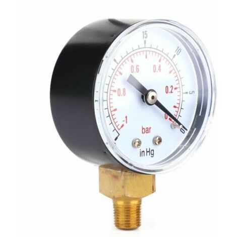 Manomètre à vide 50mm – Pression max -1-0Bar – 1/8 BSPT – Pour eau, huile, air ou gaz – Couvercle transparent pour lecture claire - 30-0inHg (1/5)