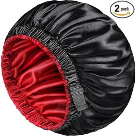 Lot de 2 bonnets en satin pour homme et femme, réversible, double couche, en soie, pour tresses de cheveux bouclés, avec bande élastique élargie (XL, noir/rouge) (1/4)
