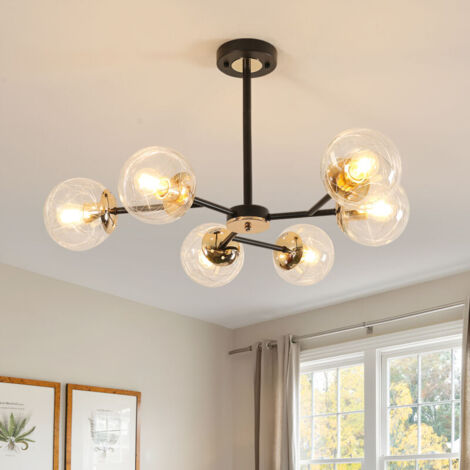 Suspension Design Moléculaire à 6 Bras, Noir Sablé et Doré, Verre 13 cm, Douilles E27 (Ampoules Non Incluses), Style Scandinave Moderne, Pour Salle à Manger (1/5)
