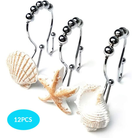 Crochets de rideau de douche décoratifs océan antirouille, anneaux de rideau de douche en acier inoxydable avec 5 rouleaux coulissants pour salle de bain et douche, ensemble de 12 crochets (1/5)