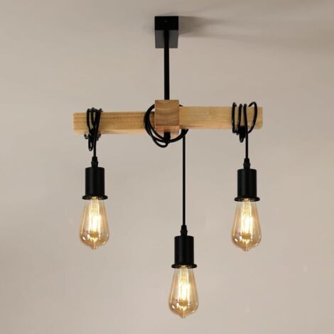 Suspension Luminaire Industriel, Lustre Industriel Rétro à 3 têtes E27, Lustre Industriel en Bois et Métal pour Salon, Cuisine, Chambre à Coucher (Ampoule non Incluse) (1/5)