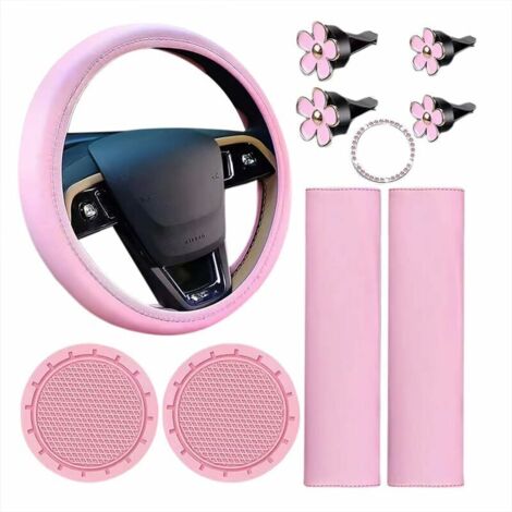 Lot de 10 Housses de Volant en Cuir Rose, Voiture Mignons avec Ceinture de Sécurité, Porte Gobelets (1/5)