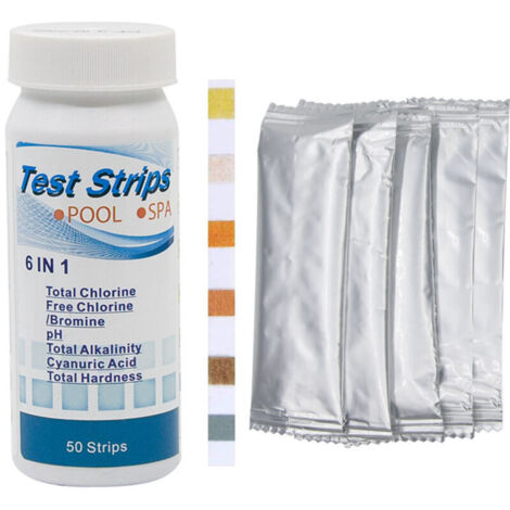 Lot de 50 bandelettes de test 6 en 1 de qualité de l’eau de piscine pour chlore, pH, alcalinité, dureté, acidité, brome, acide cyanurique (1/5)