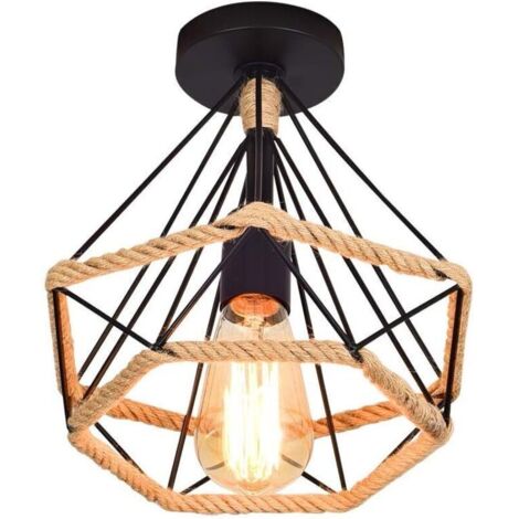Lampe de Plafond rétro vintage Plafonnier Industrielle Cage en forme Diamant en Métal avec corde de chanvre Fer Lustre Suspension Luminaire pour Salon Salle Chambre Décorer Maison,25cm - RWSuspension (1/5)