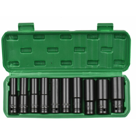 Jeu de douilles a chocs hexagonales a entrainement 1/2 pouce, 10 pieces, tailles metriques de douilles profondes, en acier au carbone de 10 a 24 mm avec boite de rangement rigide, modele : noir (1/5)