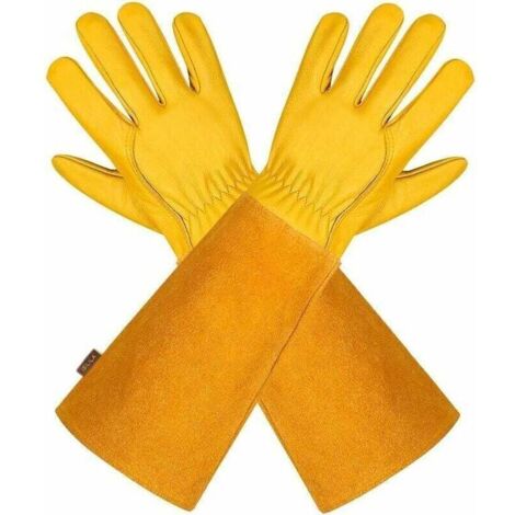 (Jaune M)Gants de Jardinage en Cuir Respirant pour Homme et Femme avec Gant Anti-épine, Manches Longues en Cuir de Vache pour Jardinier et Fermier (1/4)