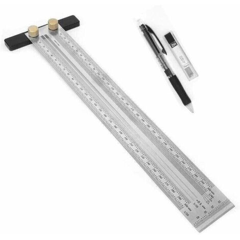 Règle carrée en T de précision de 300 mm avec porte-mine, marquage en acier inoxydable, règle de ligne de traçage en acier inoxydable, mesure du rapporteur de charpentier (1/4)