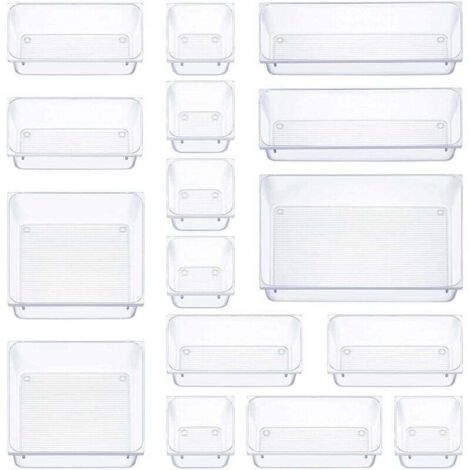 16 pièces organisateur tiroir, 5 tailles boite rangement tiroir, antidérapant organiseur maquillage, pour papeterie de bureau rangement, commode, salle de bain, cuisine (transparent) (1/4)