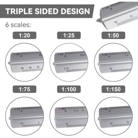 Règle d'architecte triangle à échelle de 30cm Échelle: 1:20-1:25-1:50-1:75-1:10 Matière: Aluminium Scalimètre (Thirty) (1/3)