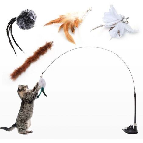Jouets à Plumes pour Chats avec Cloche et Ventouse,Interactif Chatons Baguette Teaser Canne (1/4)