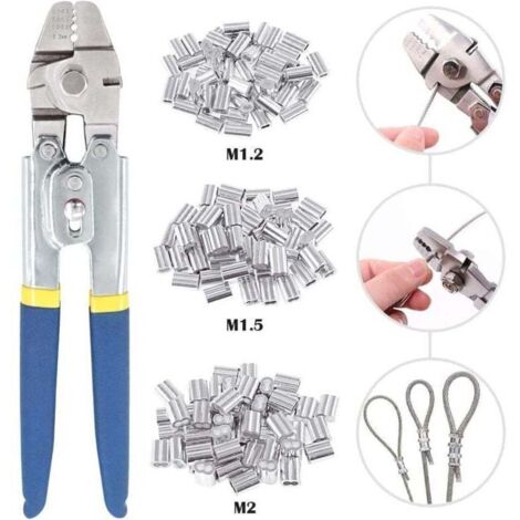 Outil de sertissage pour câble métallique jusqu'à 2,2 mm avec 150 manchons de sertissage double barillet en aluminium de 3 tailles (1/4)