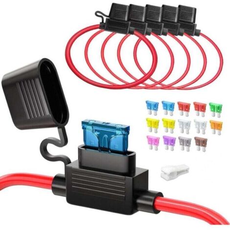 5pcs 12(1)+16AWG(4) Porte fusible Moyenne en ligne, ATC/ATO Automotive plat 12V Porte fusible étanche pour voiture/camion/motor + 14pcs Fusibles Standard(2A 3A 5A 7.5A 10A 15A 20A 25A 30A 35A) (1/4)