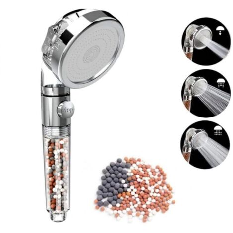 Pommeau de douche avec système anticalcaire - Pommeau de douche haute pression, trois jets - Filtre à économie d'eau et billes minérales (1/4)