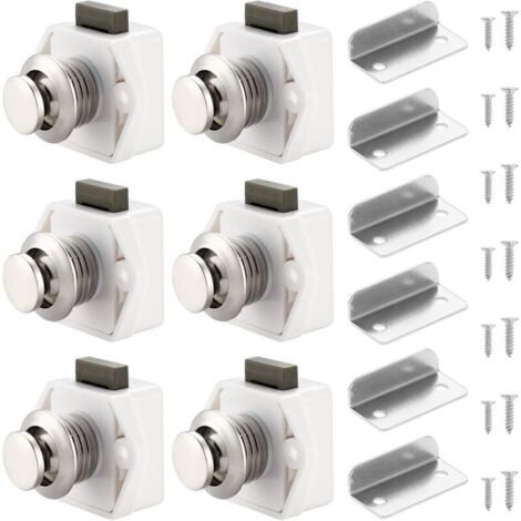 Lot de 6 loquets à bouton poussoir blancs pour tiroirs, armoires, caravanes et bateaux (1/4)